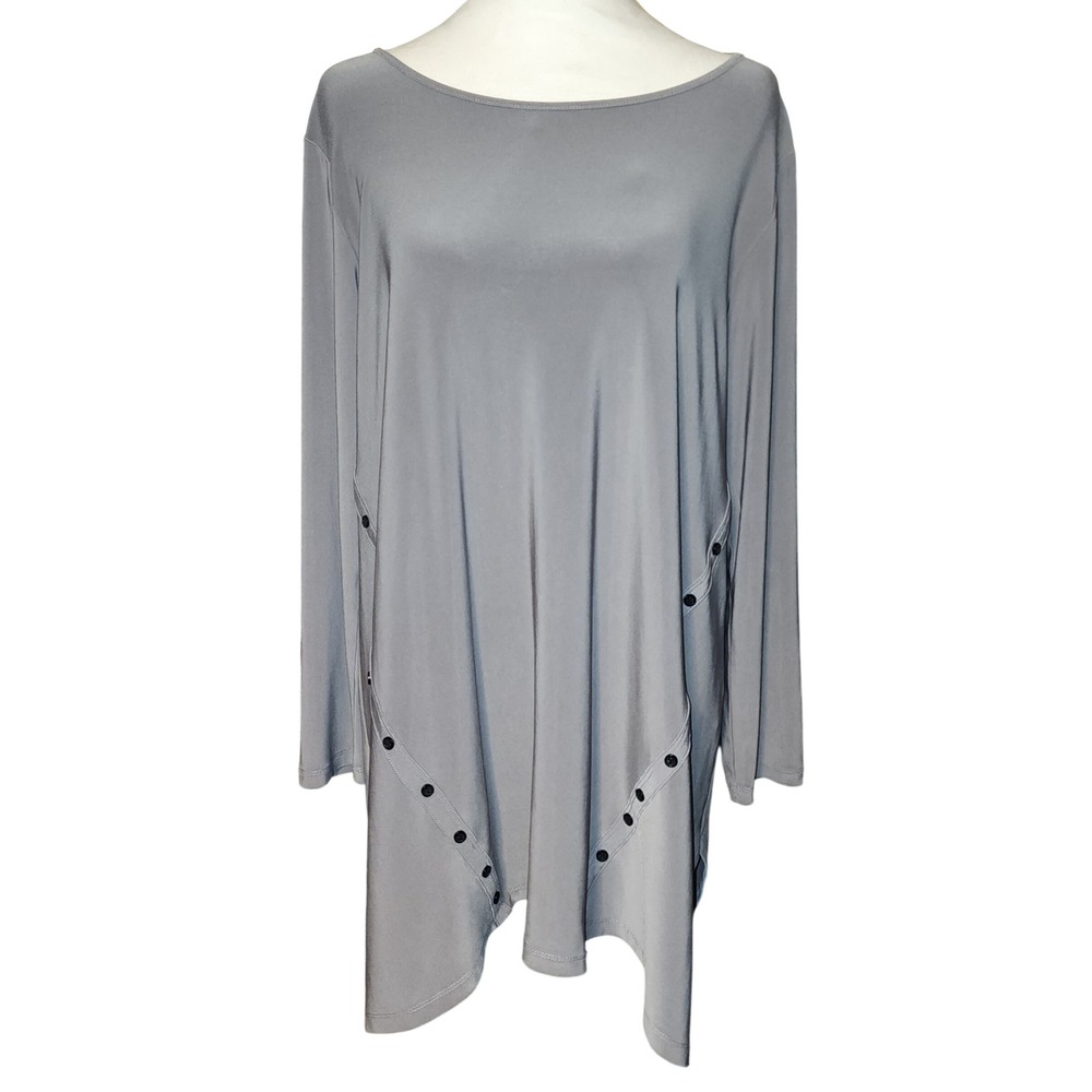 SUN KIM Gray Long Sleeve Asymmetrical Tunic Top Buttons Size M Minimalist